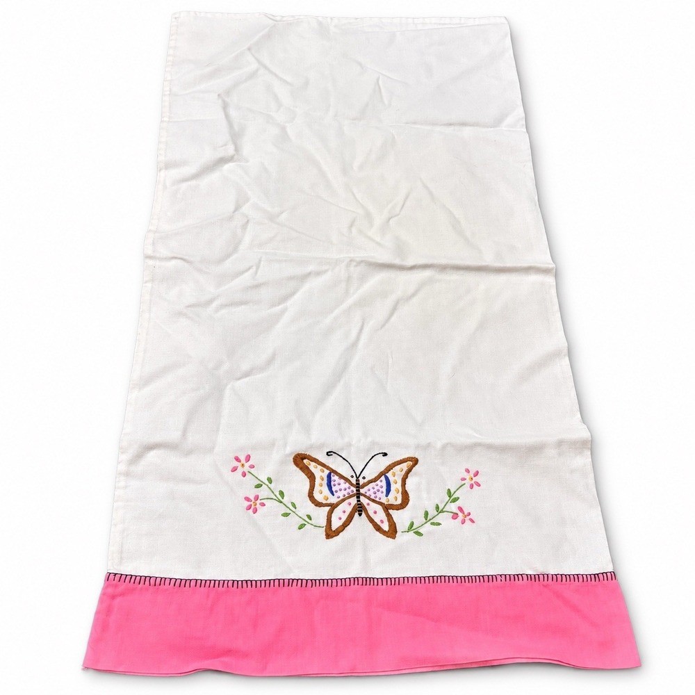 Vintage Embroidered Butterfly Pillowcase Pink Cuff Floral 33.5"x17" Cottage Core